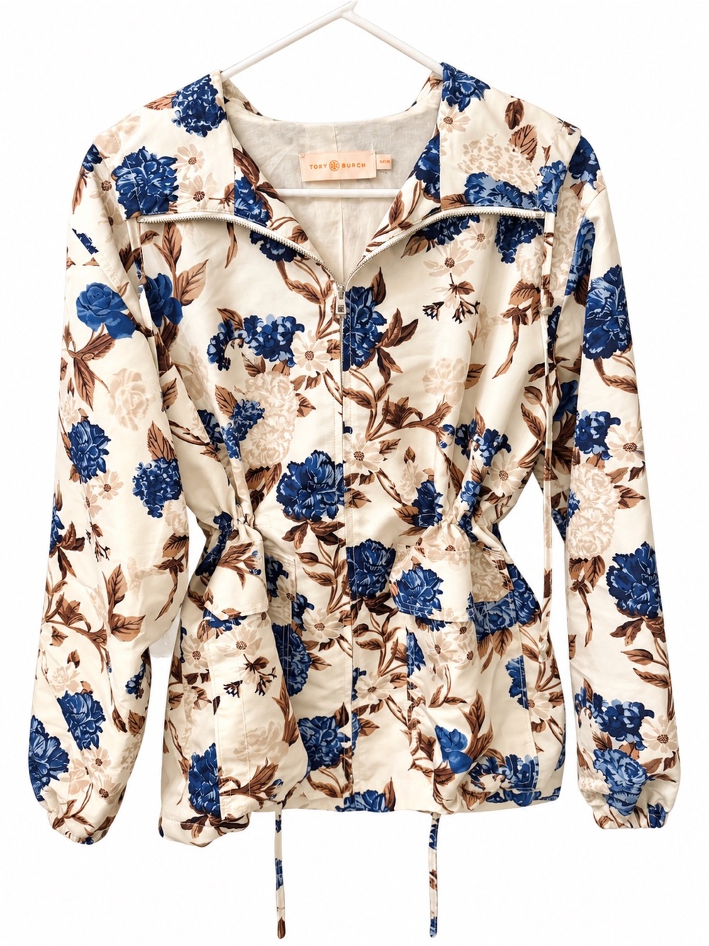 Sz - XS Tory Burch Cream Floral Zip-Front Anorak with Blue Flowers